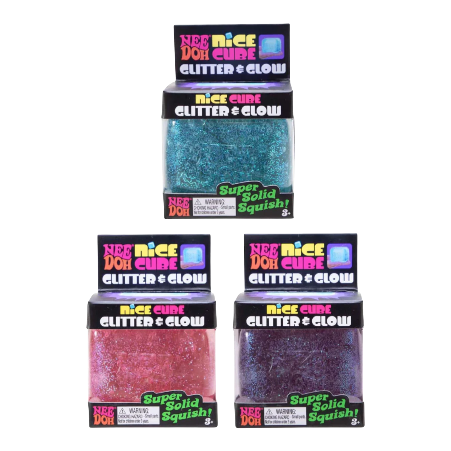 Squish Planet NeeDoh Nice Cube Glitter and Glow fidget toy in blue, pink, and purple. Squishy sensory cube with glitter.